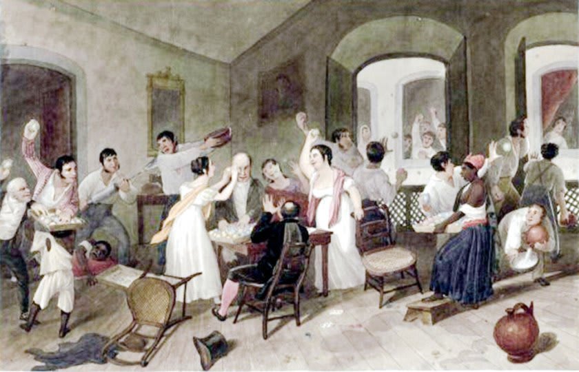 Games during the Entrudo in Rio de Janeiro. Augustus Earle
