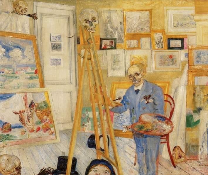 Dipinto di James Ensor raffigurante scene carnevalesche e maschere, con un'atmosfera misteriosa e grottesca.