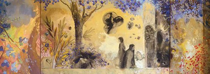 Dipinto simbolico ad olio di Odilon Redon, Notte, con figure scure e toni dorati.