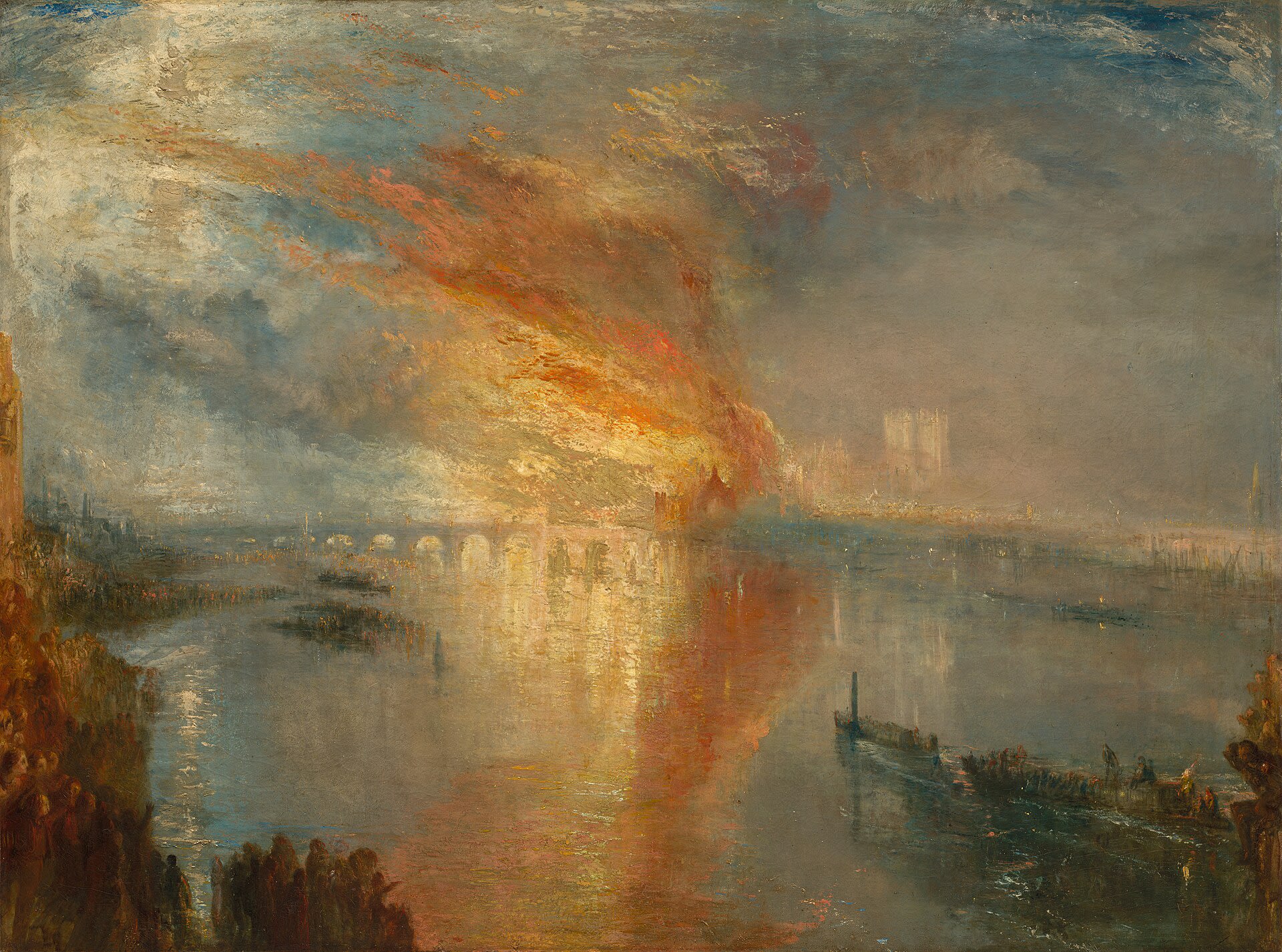 Pintura a óleo em tons de azul e cinza, retratando William Turner em seu estúdio, com obras em andamento e elementos de natureza.
