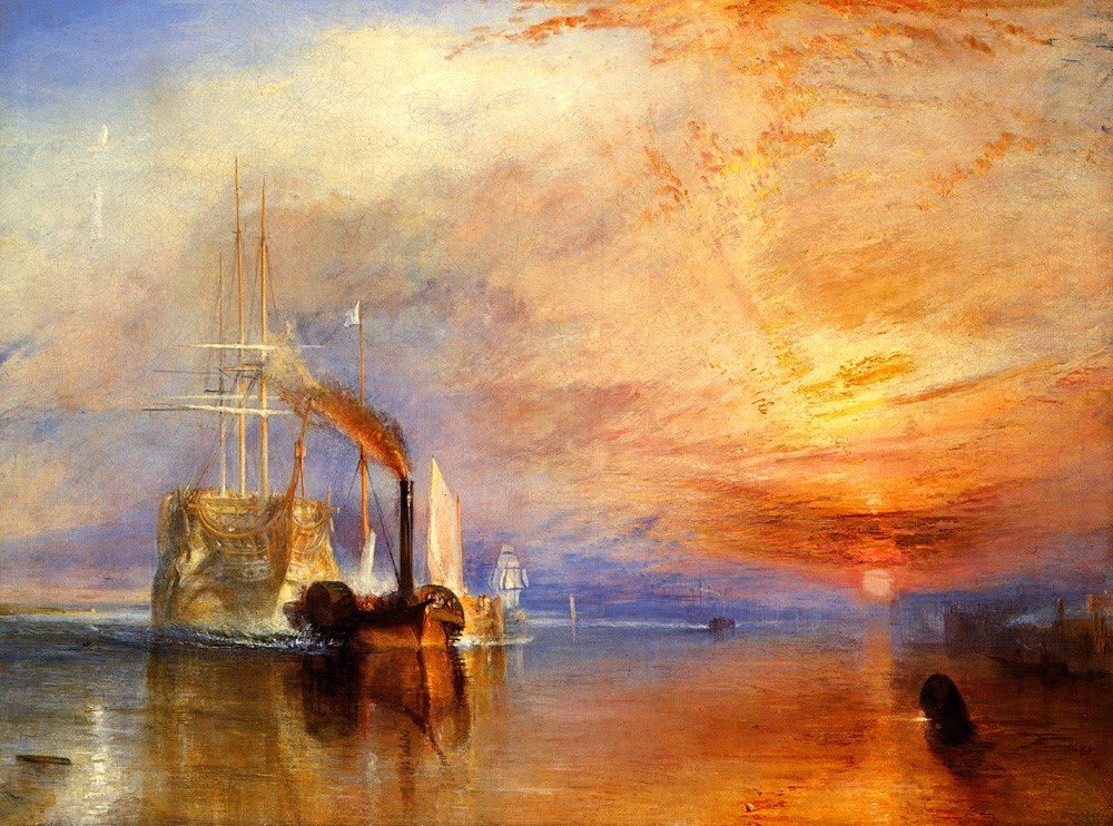 La maestosa nave da guerra Temeraire, ormai smantellata, viene trainata da un piccolo rimorchiatore a vapore verso il suo ultimo viaggio, in un tramonto malinconico e suggestivo.