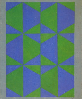 Composition géométrique abstraite, tons bleus et verts, par Arcangelo Ianelli, 1973.