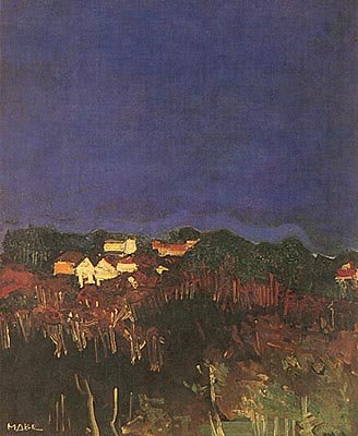 Peinture abstraite vibrante de Manabu Mabe, avec des éclats de rouge et de bleu sur un fond texturé.