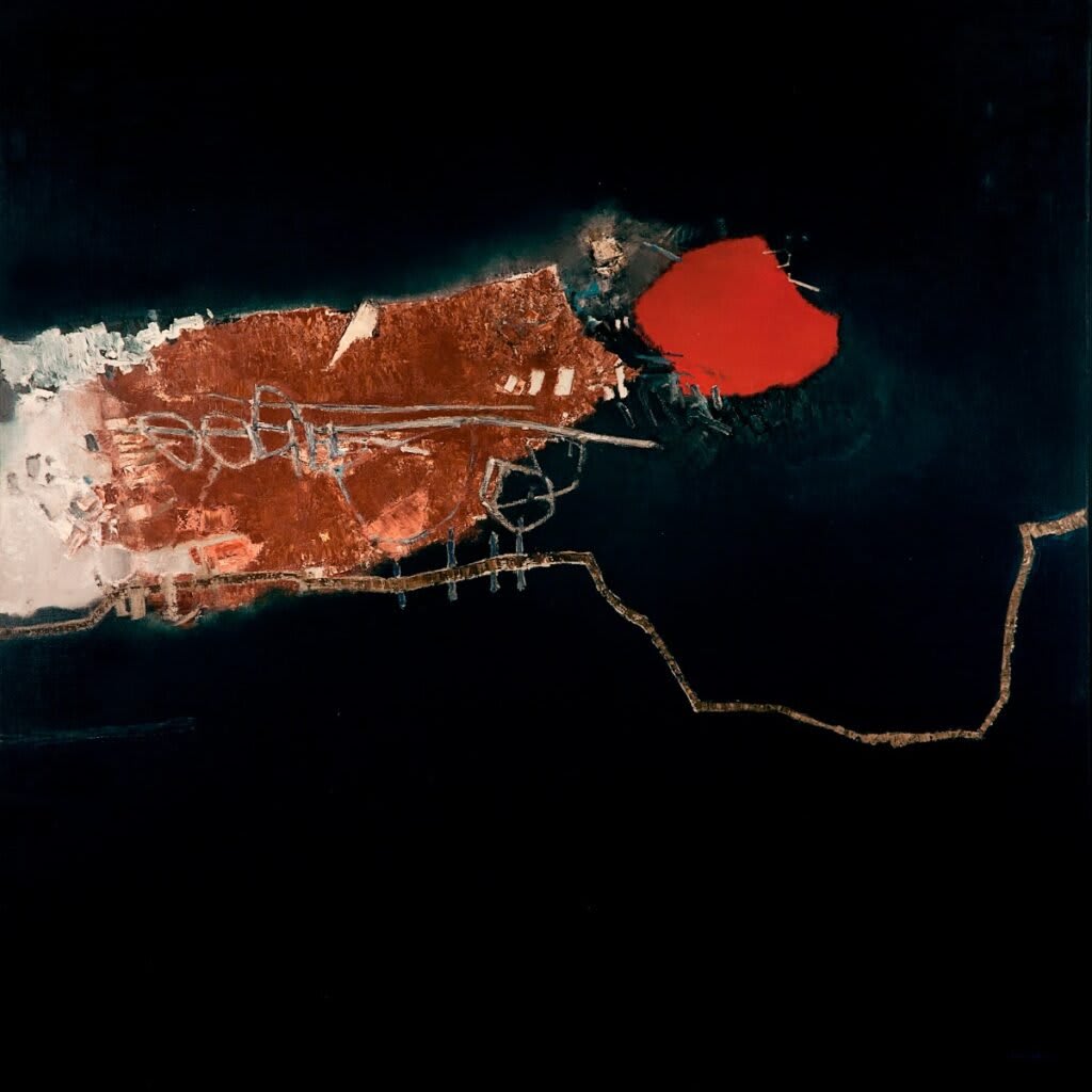 Peinture abstraite 'Agonie' de Manabu Mabe, avec une surface texturizée en tons de bleu et rouge.