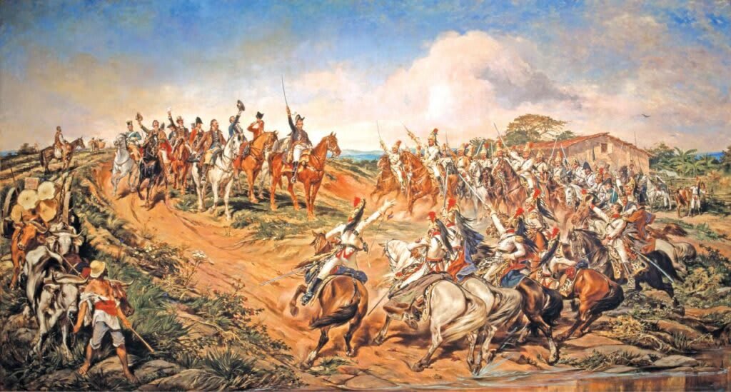 La peinture monumentale de Pedro Américo, « Indépendance ou Mort », montrant Dom Pedro I sur un cheval blanc, le bras levé, entouré de sa garde.