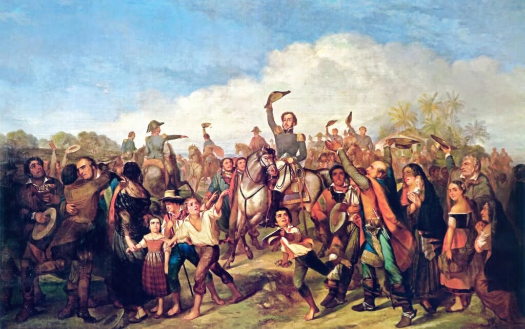 Tableau « La Proclamation de l'Indépendance » de Moreaux, montrant des personnages regardant vers le ciel et un nombre limité de civils.