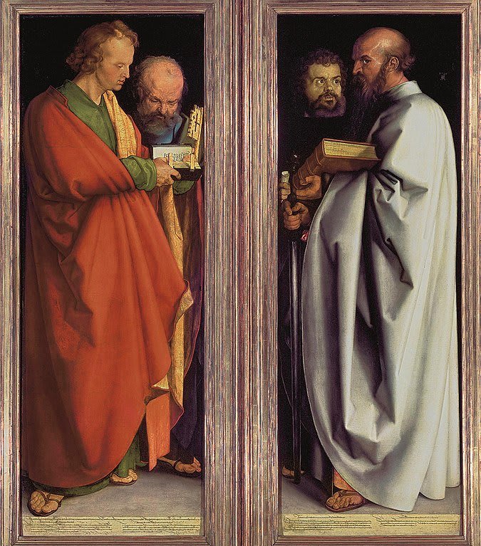 Obra 'Los Cuatro Apóstoles' de Albrecht Dürer, mostrando cuatro figuras masculinas de pie.
