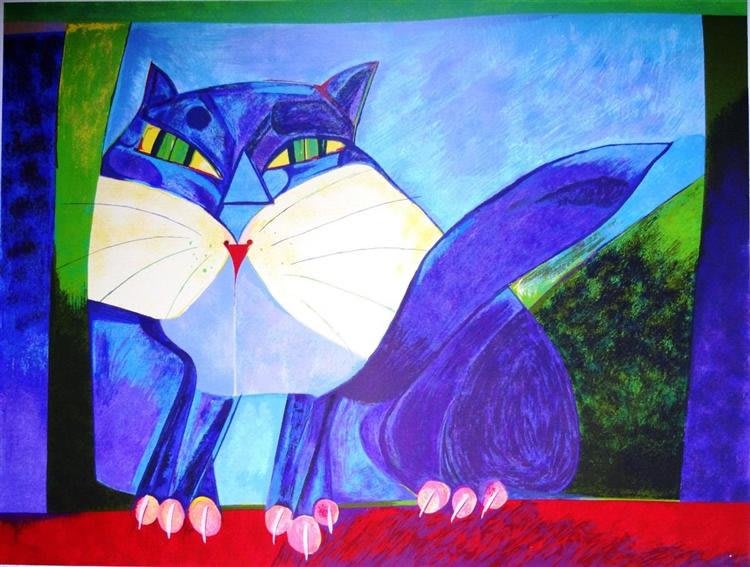 Gatto stilizzato con colori vivaci, uno dei soggetti prediletti di Aldemir Martins.