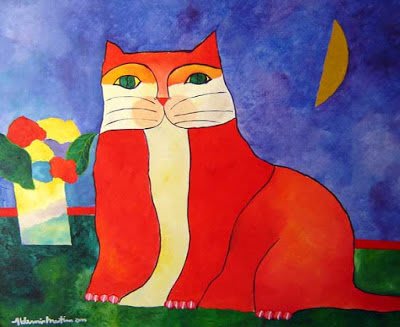 Diversi gatti colorati e giocosi, raffigurati con la leggerezza e l'energia distintiva di Aldemir Martins.