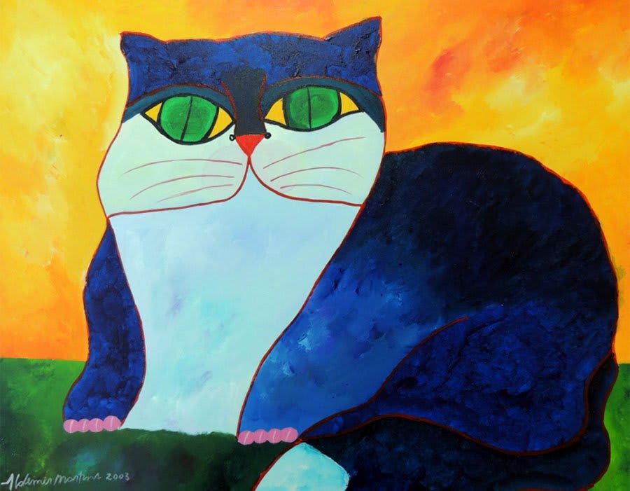 Gatto con colori caldi e uno sfondo astratto, esempio della versatilità di Aldemir Martins.