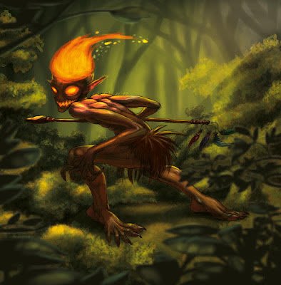 Ilustração do Curupira, uma criatura com cabelos de fogo e pés virados para trás, na floresta.