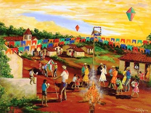 Pessoas dançando quadrilha em uma Festa Junina no Brasil.