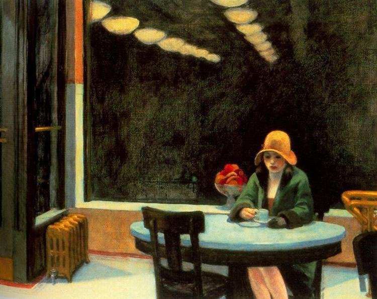 Peinture de Edward Hopper, Chop Suey, avec deux femmes discutant dans un restaurant.