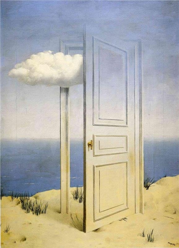 Peinture de René Magritte d'une bougie fumante et éteinte sur une cheminée de briques, avec la fumée formant la silhouette d'un oiseau.