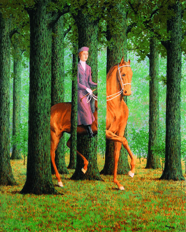 Peinture d'une femme à cheval dans une forêt, avec des illusions d'optique où les éléments du premier plan et de l'arrière-plan s'entremêlent de manière surréaliste.