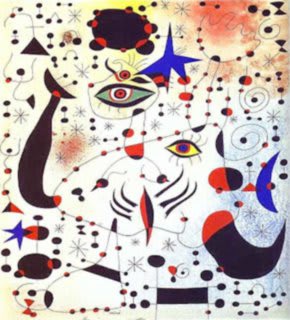 L'une des œuvres de la série 'Constellations' de Joan Miró, mêlant figures abstraites et étoiles sur fond sombre.