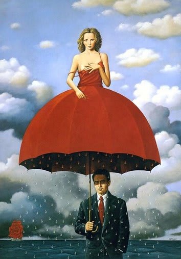Peinture surréaliste de Rafal Olbinski avec une composition architecturale et des figures humaines éthérées