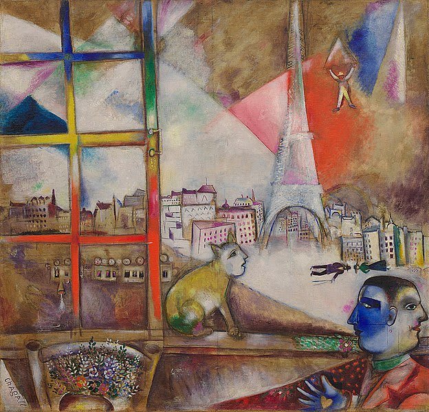 Pintura de Marc Chagall 'Paris pela Janela', mostrando a Torre Eiffel e elementos oníricos.