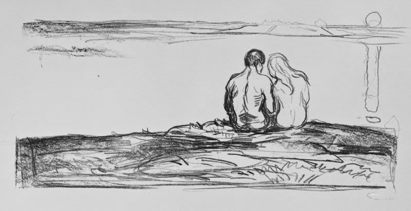 Promenade lunaire. Lithographie de la série Alpha et Omega. Edvard Munch. 1908