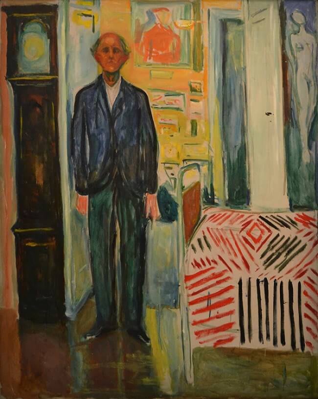 Autoportrait entre l'Horloge et le Lit. Edvard Munch. 1940 - Huile sur toile (149,5 x 120,5 cm) - Emplacement : Musée Munch