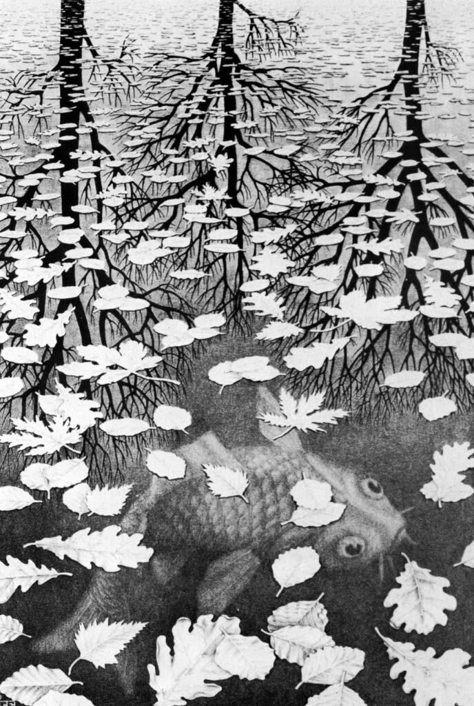 Gravure en noir et blanc montrant une scène lacustre avec des arbres reflétés et un poisson nageant sous l'eau.