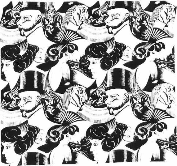 Gravure de M.C. Escher, une mosaïque d'oiseaux entrelacés formant un motif complexe.
