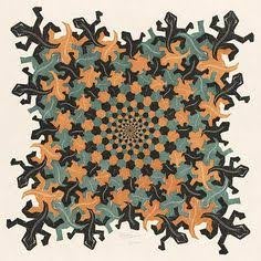 Gravure de M.C. Escher, un paysage de ville avec des escaliers montant et descendant dans des directions impossibles.