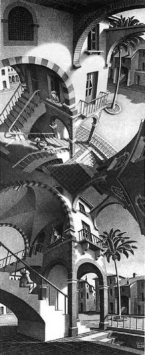 Lithographie de M.C. Escher, des lézards sortant d'une surface plane pour devenir tridimensionnels.