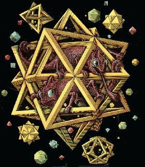 Gravure de M.C. Escher, un motif répétitif de créatures fantastiques s'emboîtant.