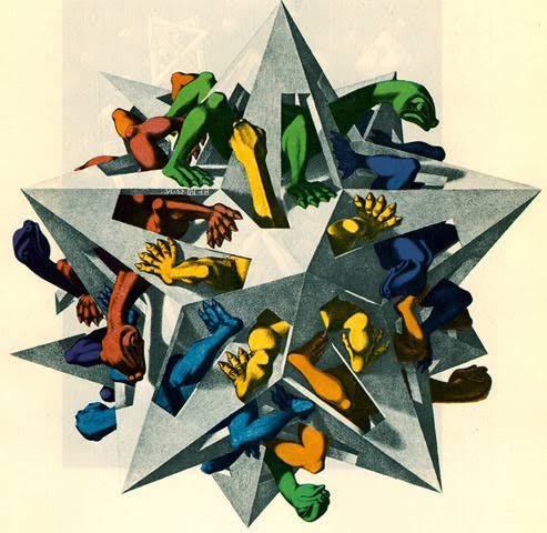 Gravure de M.C. Escher, un oiseau se reflétant dans l'eau, puis se transformant en poisson.