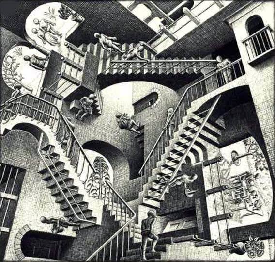 Illustration de M.C. Escher, des sphères qui se reflètent dans des miroirs concaves et convexes.