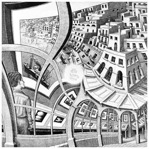 Gravure de M.C. Escher, un motif infini de figures de chauves-souris ou d'oiseaux.