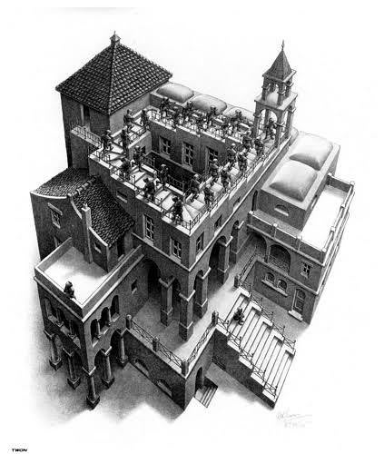 Lithographie de M.C. Escher, un anneau de moines dans un mouvement perpétuel sur un escalier.