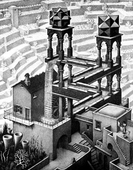 Gravure de M.C. Escher, des mains tenant une sphère réfléchissante.