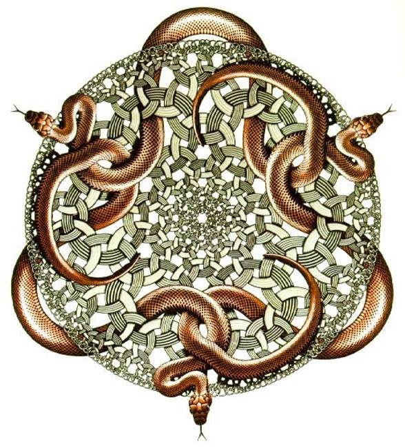 Illustration de M.C. Escher, des colombes s'envolant d'un motif complexe de carreaux.