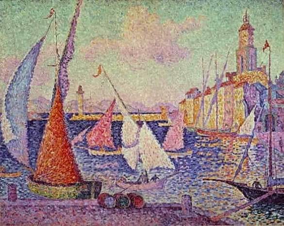 Porto di Saint Tropez, un dipinto a olio di Paul Signac del 1899 con barche e acqua blu verdastra sotto un cielo chiaro