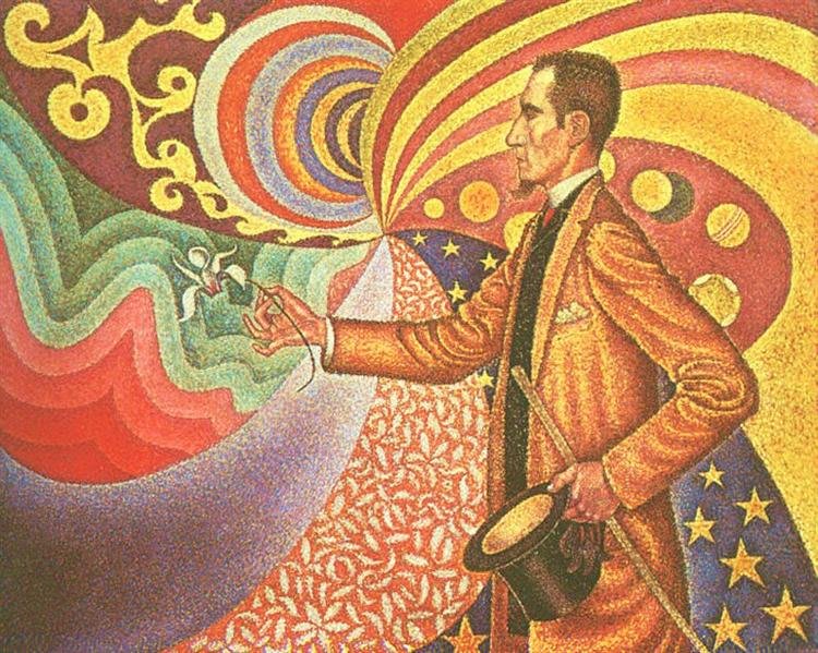 Ritratto di Félix Fénéon, un dipinto a olio di Paul Signac del 1890 con un uomo elegantemente vestito contro uno sfondo a spirale di colori vibranti