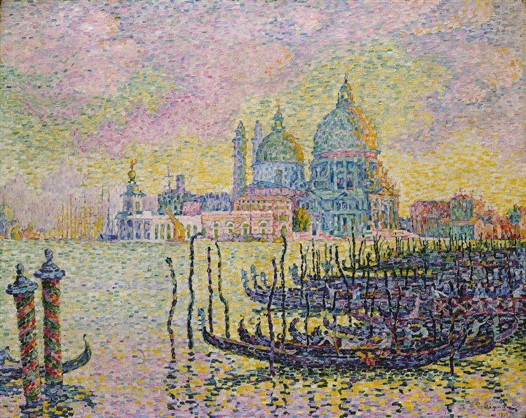 Canal Grande di Venezia, un dipinto a olio di Paul Signac del 1905 con gondole e palazzi veneziani sotto un cielo limpido e luminoso