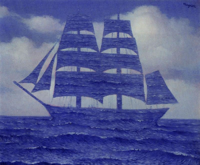 L'opera 'Il Seduttore' di Magritte, un veliero con nuvole al posto delle vele che solca un mare cristallino.
