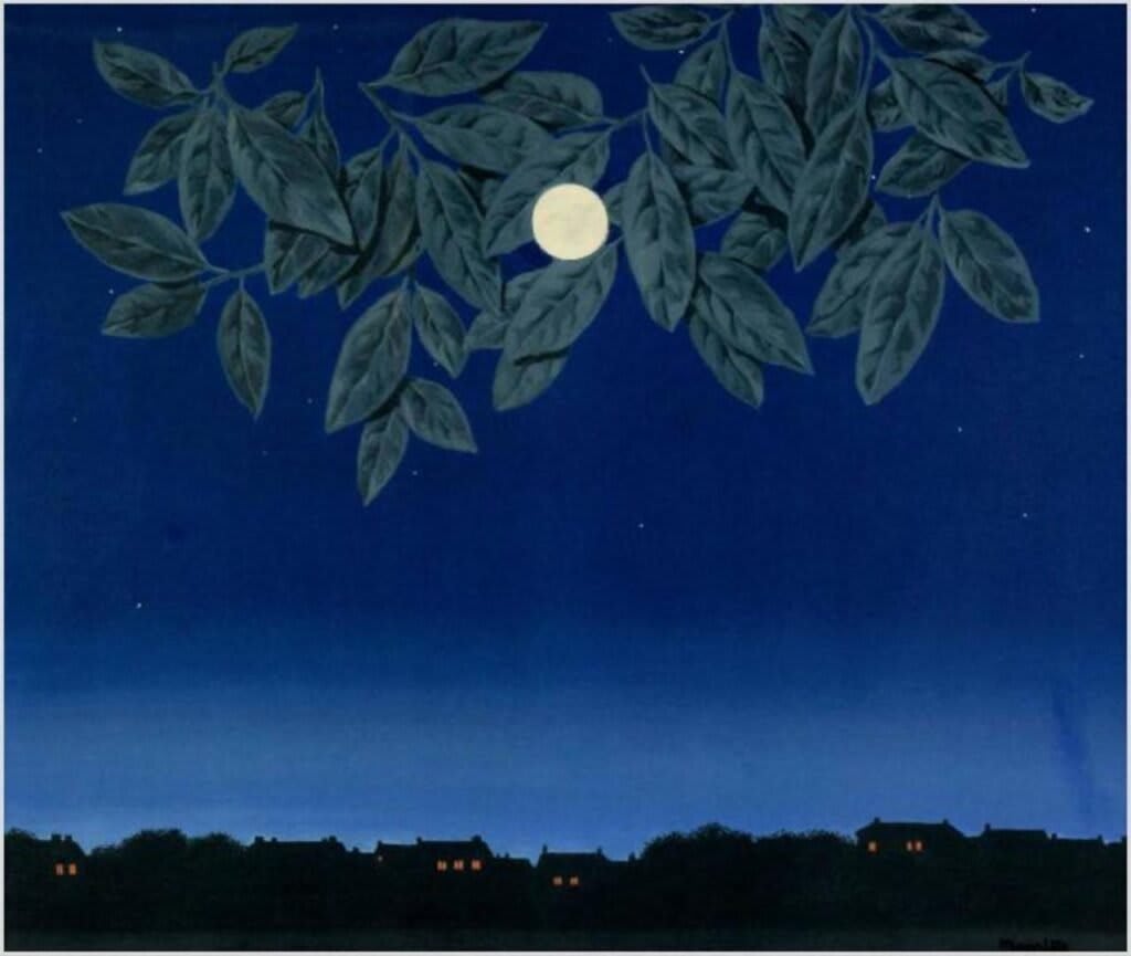 Immagine di un'opera di Magritte, forse 'La Clairvoyance', affiancata alla sua citazione sulla vita e la luna.