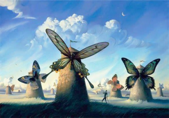 Un'opera surrealista di Vladimir Kush con elementi fantastici e un'atmosfera onirica.