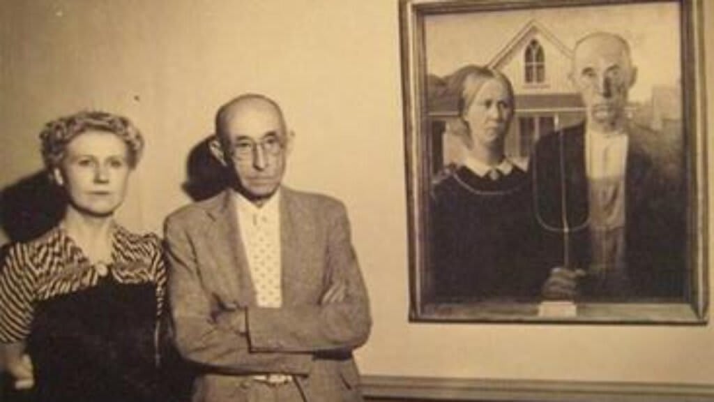 Ritratto fotografico di Nam Wood Graham e Byron McKeeby, i modelli di 'American Gothic'