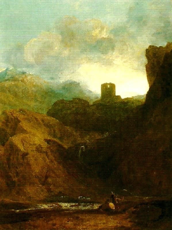 Pintura de un castelo imponente en ruinas en medio a montañas escarpadas y un valle nebuloso, bajo un cielo dramático con nubes. La paisaje es selvaje y sublime.