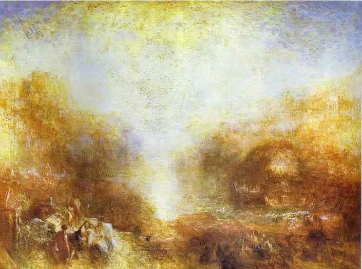 Pintura mitológica con figuras etéreas y luz intensa. Un héroe de manto púrpura se destaca en primer plano contra un fondo vibrante y nebuloso, sugeriendo una aparición divina.