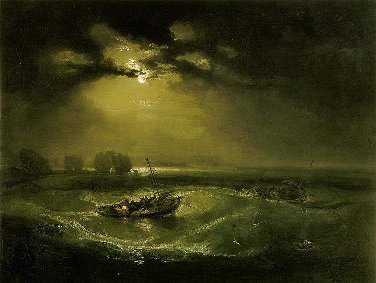 Peinture à l'huile représentant des pêcheurs sur une mer agitée sous un clair de lune.
