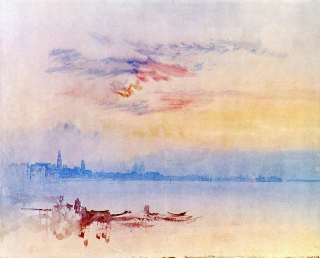 Peinture lumineuse et vaporeuse de Venise, avec ses canaux et ses bâtiments sous une lumière dorée.