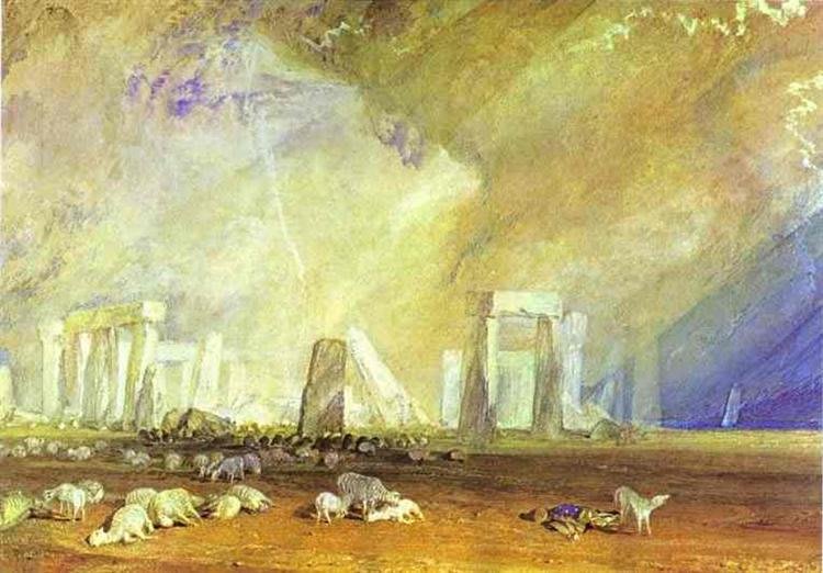 Représentation dramatique de Stonehenge sous un ciel orageux et nuageux, avec un éclair foudroyant.