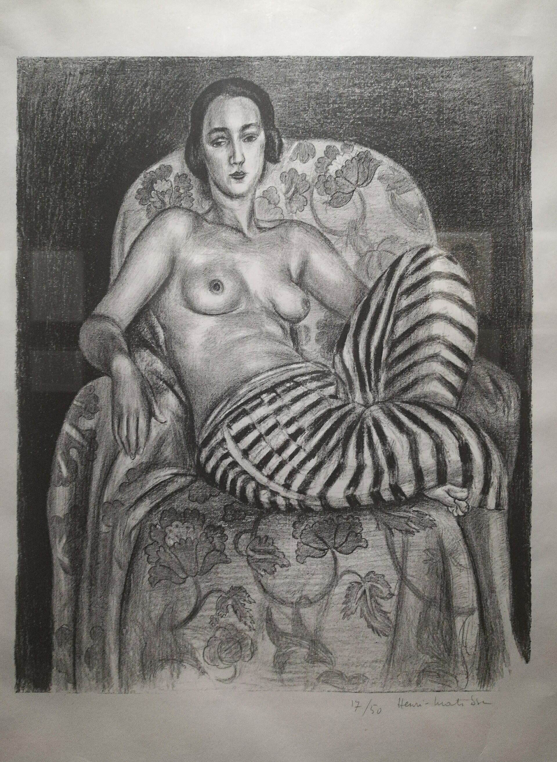 Pintura a óleo de Henri Matisse retratando sua obra "Nascidos da Pedra" em tons pastéis e vibrantes, com linhas curvas.