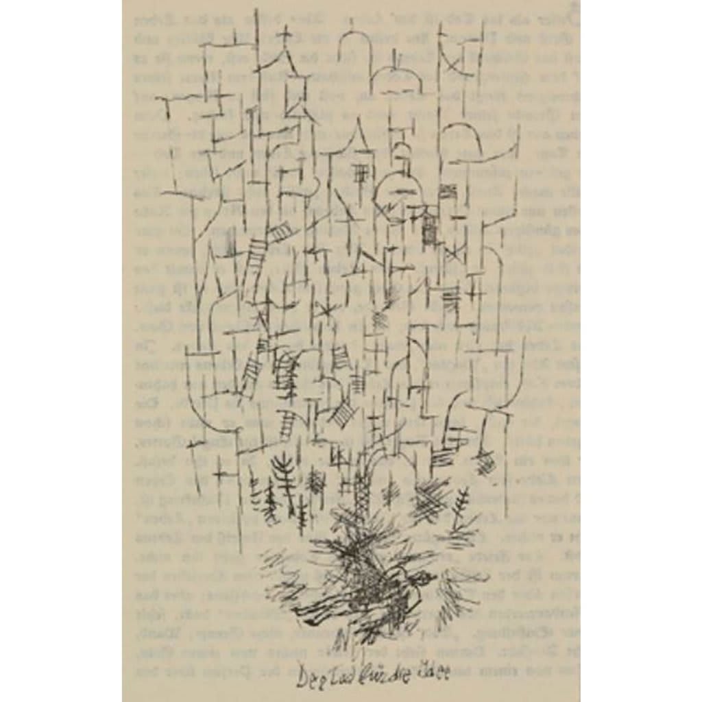Pintura abstrata a óleo de Paul Klee, com linhas geométricas coloridas e formas orgânicas em tons pastéis e azuis claros.