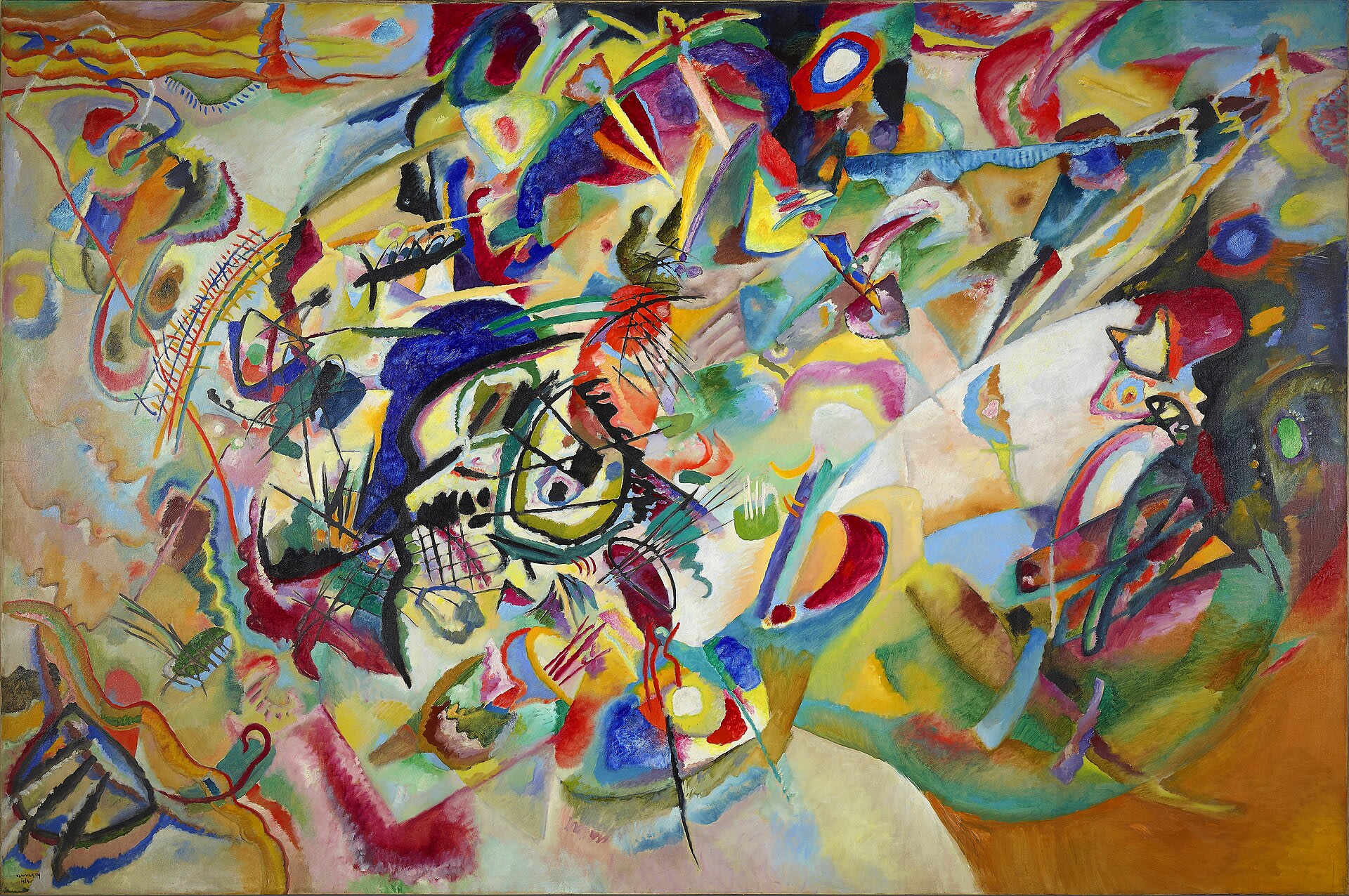 Pintura a óleo abstrata em tons de azul e laranja, mostrando formas geométricas e linhas dinâmicas de um quadro de Wassily Kandinsky.